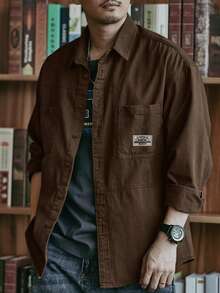Camisa casual para hombre, unicolor, cómoda, con múltiples bolsillos, estilo retro, adecuada para uso diario, primavera/otoño - Café integral - Ver 5