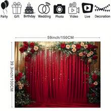 Red & Gold Curtain, Red & White Rose Design Background Cloth, Birthday, Bride, Party Decoration, Portrait Photography Studio Backdrop, Vinyl - Red - View 4