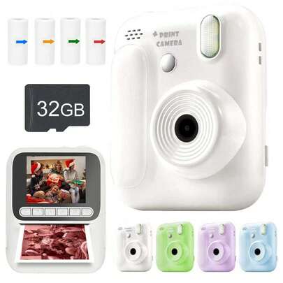 즉석 프린트 카메라, 4개의 교체 필름 롤이 있는 디지털 카메라, 셀카 디지털 카메라, 1080P 비디오 촬영 지원, 즉석 카메라, 휴대용 여행 카메라 장난감, 이상적인 여행 사진 장난감, 창의력과 재미를 고취 (두 가지 옵션: 카메라만 또는 32GB 저장 카드 세트) - 새해, 할로윈, 크리스마스 및 생일을 위한 완벽한 선물 (1300mAh 충전식 배터리)