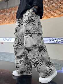 Men's Fashion Street Punk Style All-Over Camouflage Printing Sweatpants, A Must-Have Item,Personalized Loose Street Fashion Wide Leg Pants - Grey - View 9