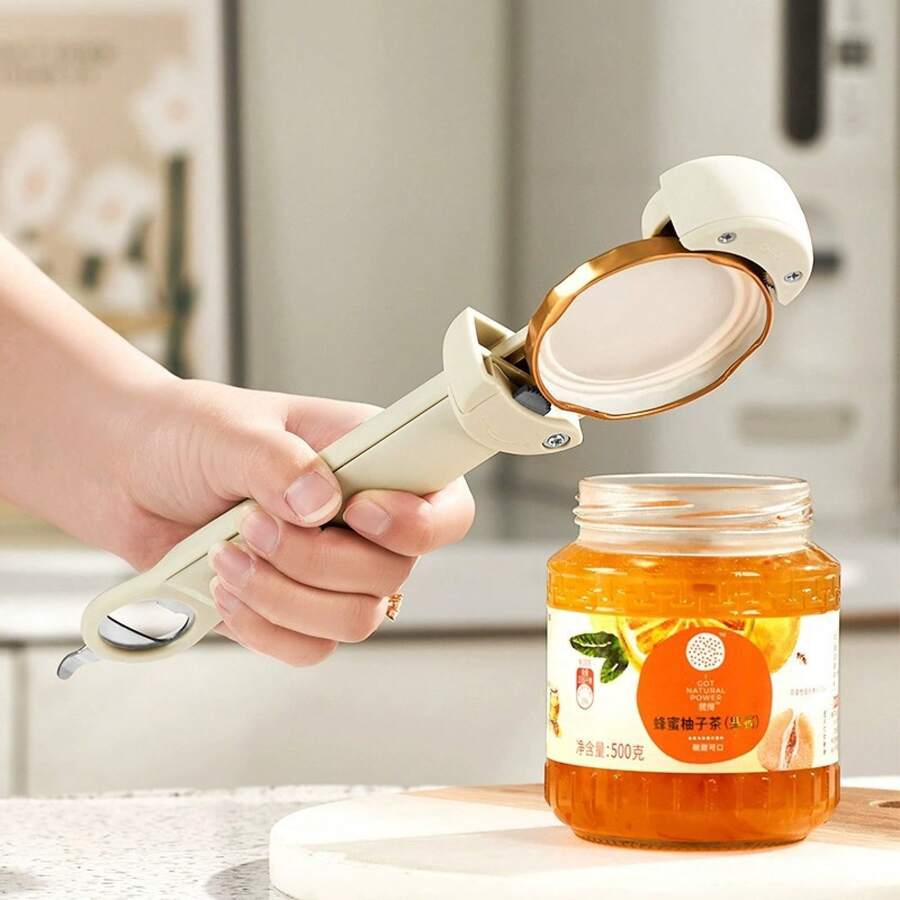 1 Piece Heavy-Duty Multi-Functional Magnetic Retractable Jar And Bottle Opener With Ergonomic Handle, Adjustable Lever Mechanism, And Magnetic Lid Catcher - Zinc Structure, Suitable For Kitchen, Camping, Picnic - One-Handed Operation (Beige And Red), Picnic Accessories, Compact Design, Stylish Bottle Opener, Durable Material, Suitable For Kitchen Professionals, Campers, And Hikers