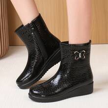 1 paire de bottes d'hiver légères et chaudes avec motif géométrique de style occidental, avec nœud en strass, fermeture éclair, texture de pierre et semelle en caoutchouc antidérapante - Noir - Voir 8