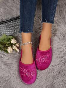 Dép xỏ ngón thêu hoa vân anh tím cho nữ, giày bệt hở lưng, dép bệt thanh lịch, thoải mái, thoáng khí, dùng trong nhà/ngoài trời - Màu Hồng Tươi - Xem 2