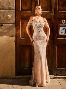 Elegant Women's Party Dress With Sparkling Decorations, Spaghetti Straps, Open Shoulder Sleeves, And Charming Mermaid Hem, Perfect For Formal Dinners - 香檳色 - 查看 4