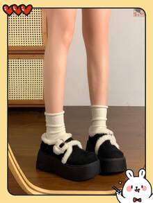 Women's Winter Fashion Versatile Platform & Thick Sole Loafers/Thick Sole Sheepskin/Mooton/Black Ankle Boots - Black - View 6