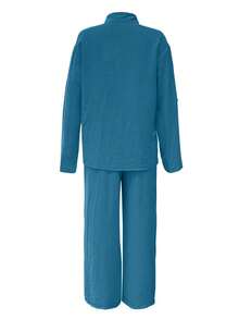 2 件休闲度假套装：纯色透气 Polo 领衬衫上衣 + 宽松腰部阔腿裤，舒适柔软面料，适合海滩、工作、通勤、日常穿着 - 寶藍色 - 查看 5