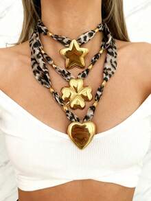 1pc Sexy Fashion Leopard Print Silk Scarf Necklace Titanium Steel Heart Four-Leaf Clover Star Bead Necklace For Women Perfect For Outings, Parties, And Everyday Wear 18K Gold-Plated Elegant And Versatile Women Jewelry Leopard Print Jewelry Gift Valentine's Day Gift