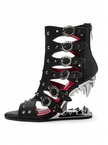 Giày bốt chiến binh La Mã kiểu mới, phong cách punk, làm thủ công theo yêu cầu, thiết kế đinh tán khoét rỗng cực chất, thoải mái cho leo núi, khiêu vũ, bốt cao gót hở mũi, bốt cổ ngắn bất đối xứng. - màu đen - Xem 12