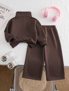 Chatreadl 2 piezas Conjunto de sudadera y pantalones de unicolor con bordado de unicornio para niñas, diseño minimalista, cómodo para primavera, otoño e invierno - Café integral - Ver 2