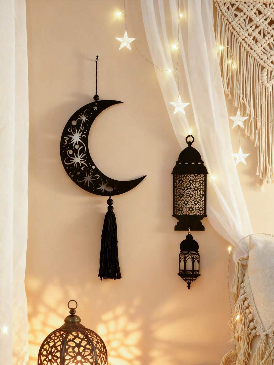 1件/2件装黑色月相墙饰，月亮造型，带流苏和灯笼挂件，木质波西米亚风墙饰，波西米亚家居装饰，适用于客厅和卧室，营造神秘氛围，简约装饰，家居及派对装饰，节日装饰