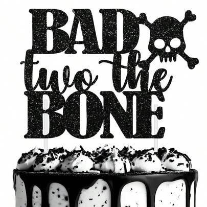 1pc Bad Two The Bone Cake Topper Rock And Roll 2anniversary Birthday Party Decorations Rock Themed 2anniversary Bday Cake Topper Bone Skull Second Birthday Decor Music Theme 90s Bday Party Supplies Black
