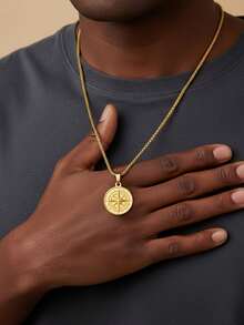 MECYLIFE 1件装时尚嘻哈风不锈钢男士项链，配18K镀金指南针吊坠，适合男士佩戴 - 金色-方珍珠鍊 - 查看 1