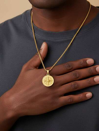 MECYLIFE 1pc Fashion Hip-Hop Stainless Steel Men's Necklace With 18K Gold Plated Compass Pendant, Suitable For Men