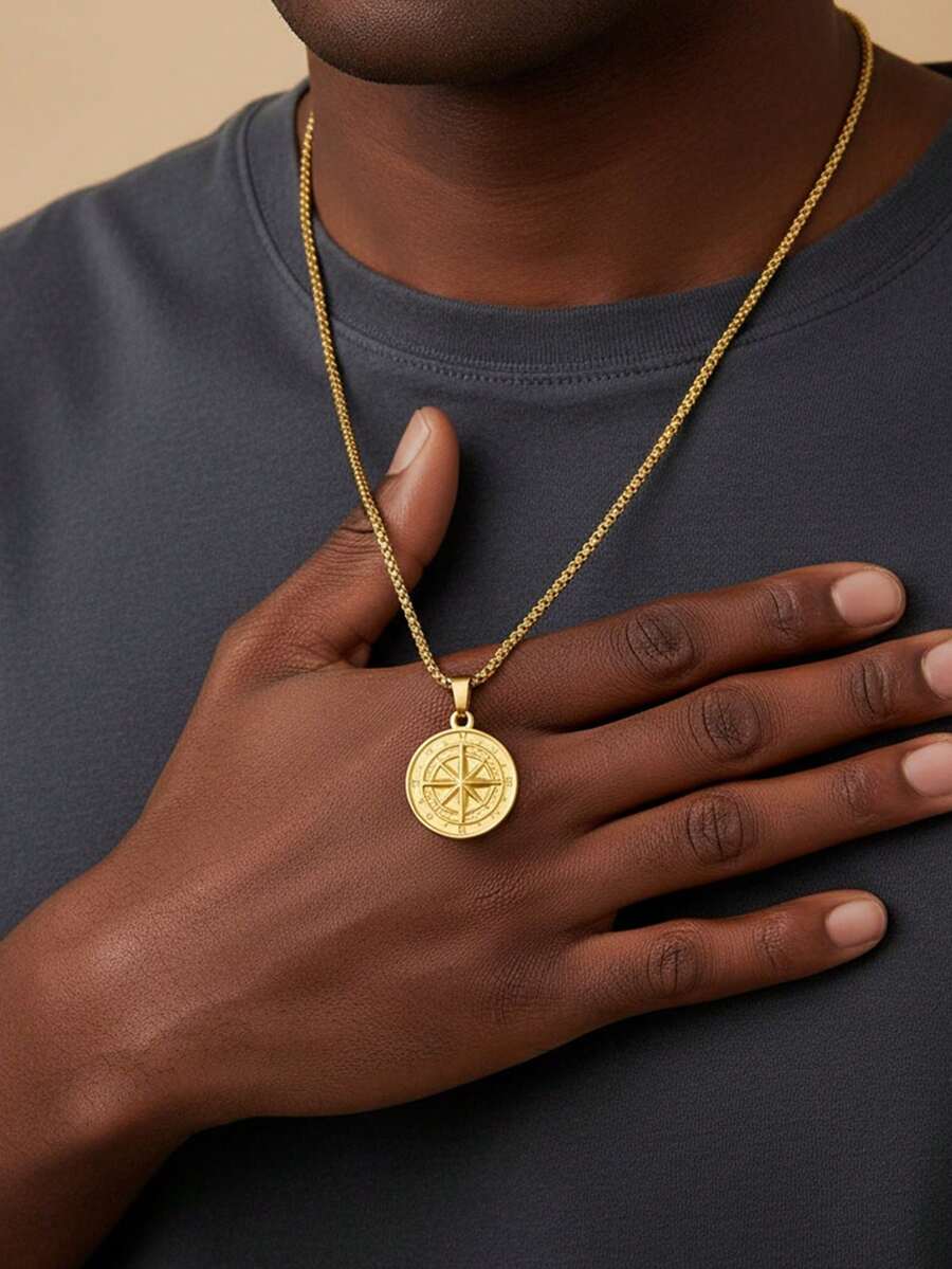 MECYLIFE 1件装时尚嘻哈风不锈钢男士项链，配18K镀金指南针吊坠，适合男士佩戴 - 金色-方珍珠鍊 - 查看 1