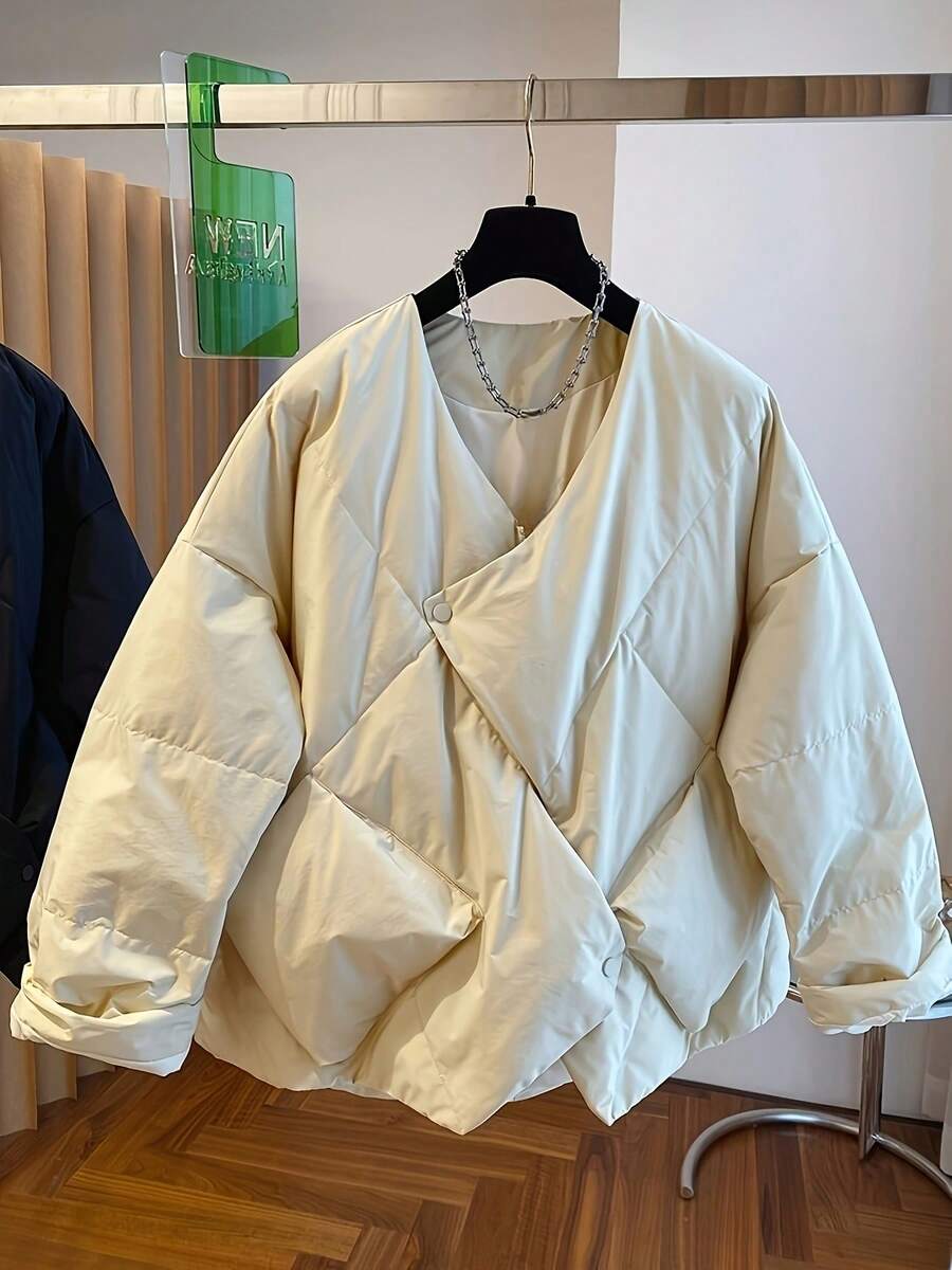 欧式时尚小众宽松A字V领羽绒服，女士新款冬季羽绒服 - 杏色 - 查看 1