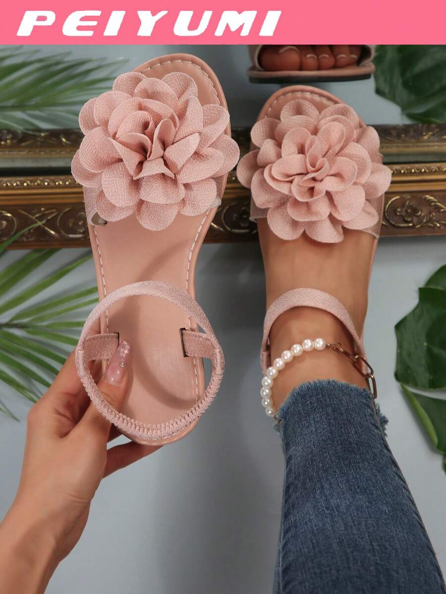 PEIYUMI Women's Sandals, Summer Beach Flower Decor Sandals, Elastic Stretch Band Design, Easy To Carry - Pink - View 1