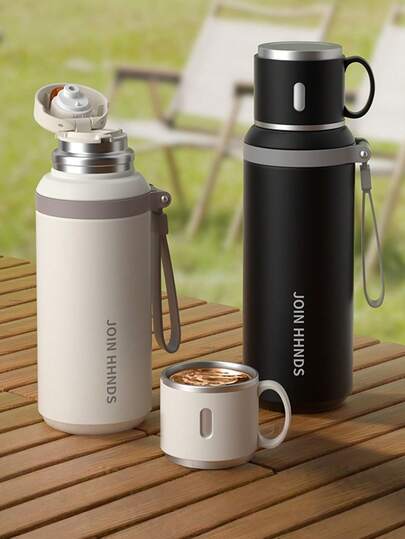 316 Large Capacity Water Bottle With Bowl Lid, Insulated, Keeps Hot/Cold, Portable For Car & Outdoor, Multiple Colors, Stainless Steel Interior & Exterior, Versatile For Home & Travel