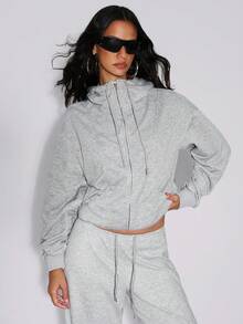 TypaGal Sudadera con cremallera frontal y bolsillo de manga larga para mujer, minimalista, casual, para graduación, regreso a la escuela, maestros, otoño, invierno, casual, deportiva, elegante, gris básica - Gris - Ver 4