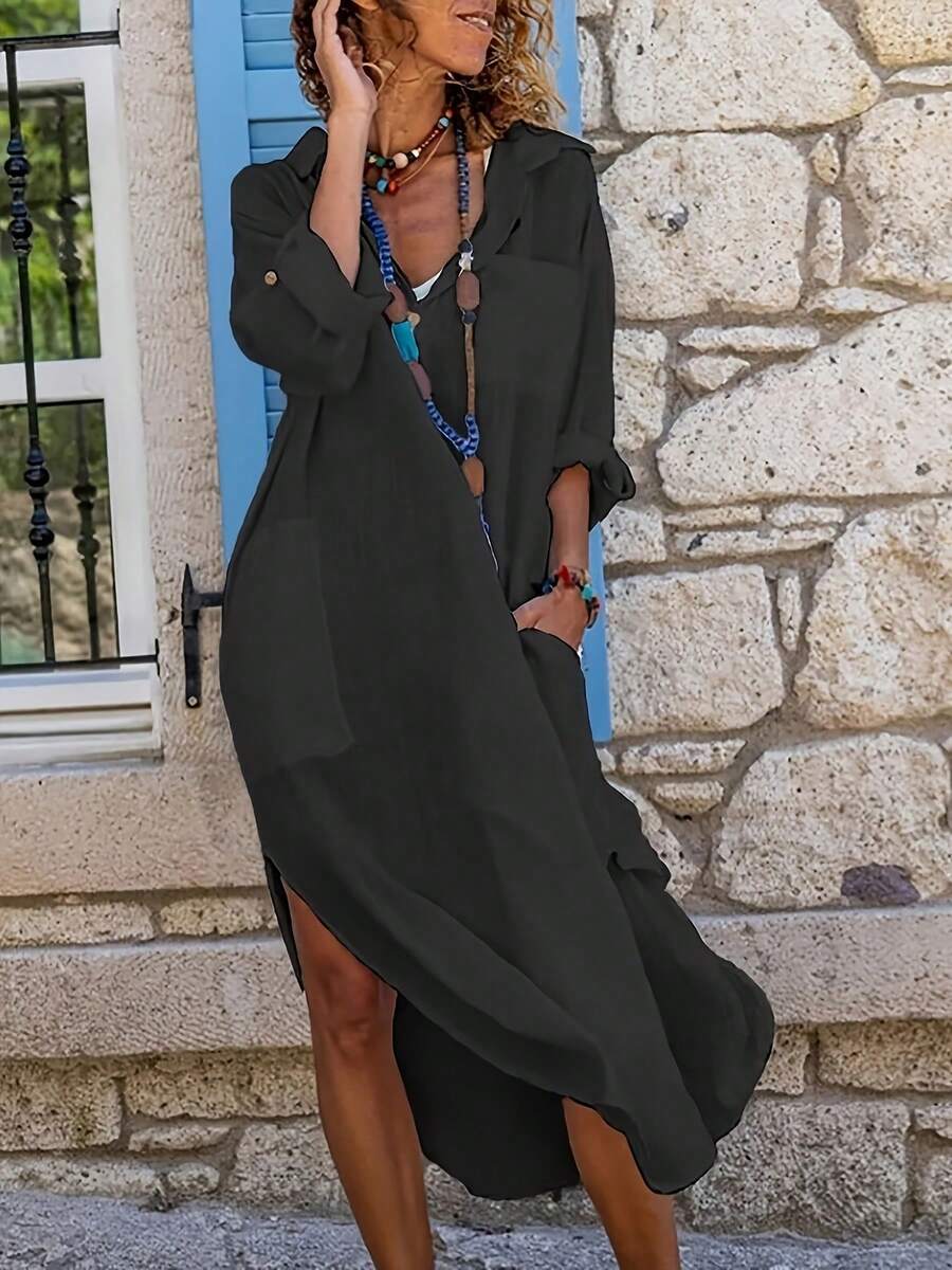 Solid Color Elegant Bohemian Woven Fabric Pocket Button Casual Long Sleeve Dress, Beach & Daily Wear, Spring/Summer Black - Black - View 1