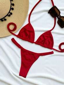 Adjustable String Bikini, Sexy And Elegant, Women's Summer Fashion, Beach, Casual, Cute, Elegant, Sensual, Coated Fabric. Bikini For Beach, Holidays, Vacation, Summer. - Đỏ - Xem 5