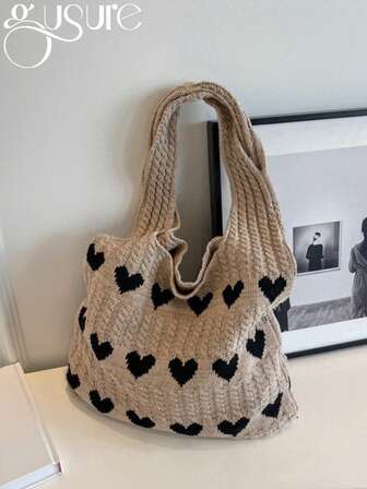 Women's Minimalist Large Capacity Heart Decor Knitting Weaving Shopping Bag, Casual Handbag And Travel Tote Bag