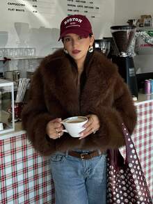 SHIBASHAN Winter Fashion Cropped Faux Fur Jacket Turn-Down Collar Long Sleeve Plush Warm Coat