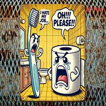 Vintage Funny Humor Toilet Retro Wall Art Sign - 8x12 Iron Metal Bathroom Decor With Angry Toothbrush & Toilet Design, No Needed, Easy Wall-Mounted Home, Man Cave, Kitchen, Garage, Garage Decoration |   Vintage Style Sign |   Durable Wall Art - 彩色 - 查看 8