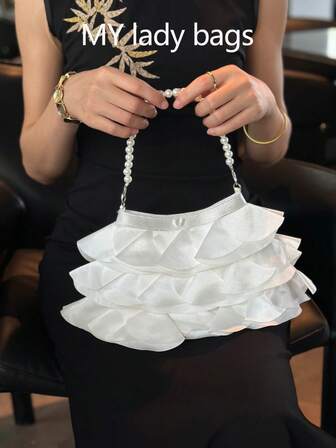 Ins 小众蛋糕裙褶皱荷叶边云朵单肩腋下珍珠仙女甜美水桶包