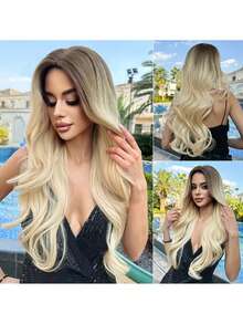 26" Long Body Wave Wig For Women | Brown To Platinum Blonde Ombre • Heat-Resistant Fiber • Glamorous & Versatile Synthetic Hair For Daily Styling - 漸變白金 - 查看 2