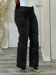Women's Solid Color Minimal Everyday Embellished Straight Leg Jeans - Black - View 3