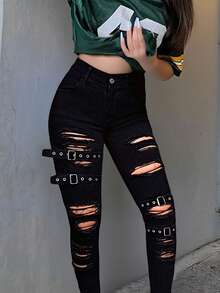 Women's Black Ripped Skinny Jeans With Buckle Straps Y2K Streetwear Denim Pants For Petite & Tall – Concert Rave Going Out Outfits - 黑色 - 查看 1