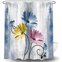 Rustic Farmhouse Shower Curtain, Farm Blue Daisy Floral Flowers And Butterfly On Country Wooden Shower Curtain For Bathroom, Turquoise Pink Yellow Bathroom Shower Curtains With 12PCS Hooks, 70X84IN - 多色566 - 查看 4