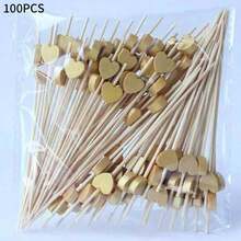50/10/100/200pcs, 12cm Heart-Shaped Bamboo Skewers For Cupcakes, Fruit, Party Desserts, Salads, Cocktails, Wedding Decoration, Gold Heart Cocktail Picks, Sandwich & Appetizer Bamboo Toothpicks, Summer Party Supplies - Gold - View 13