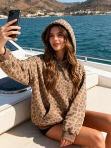 2025 New Y2K Leopard Print Hoodie, Cheetah Sweatshirt, Retro Fashion Casual Long Sleeve Pullover With Pockets - Cà phê nâu - Xem 2