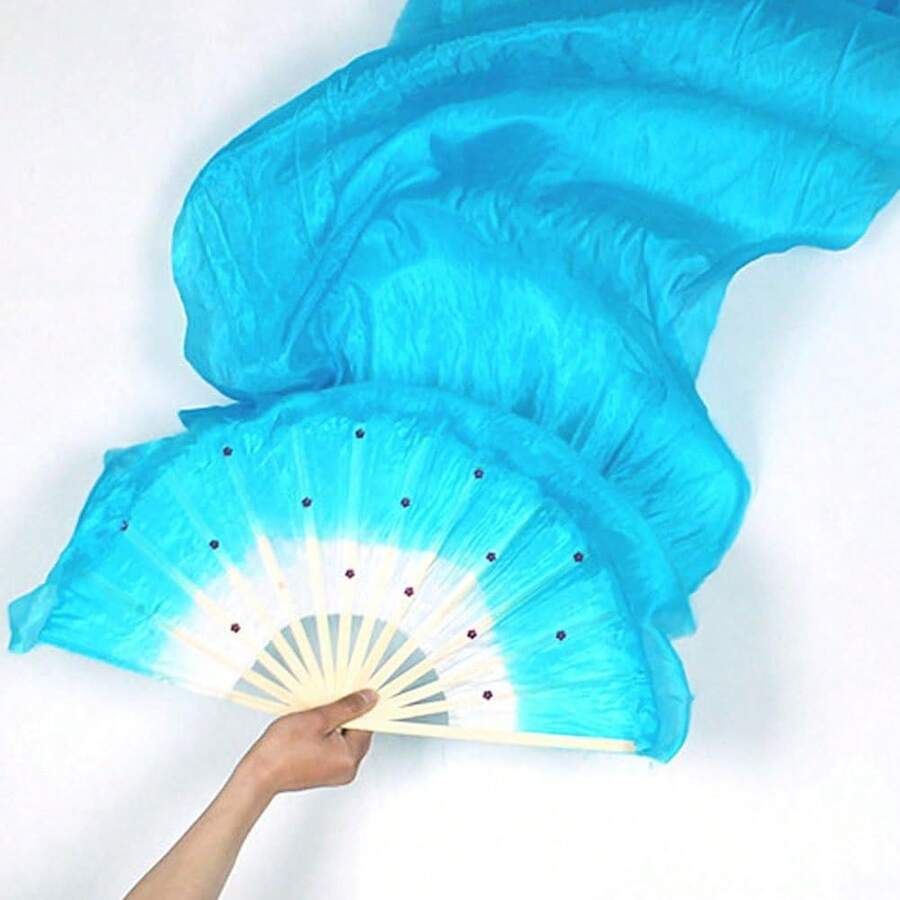 Hand Made Belly Dance Dancing Silk Long Fans, Women Dance Costume Long Silk Fans Silk Fan(Blue) - 藍色 - 查看 1