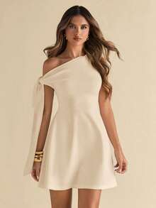 Vestido elegante ajustada de línea A con cinturilla atada y hombro asimétrico para mujer - Crema - Ver 4