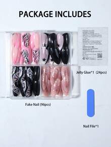 96 piezas/Caja (4 diseños mixtos) Uñas postizas de almendra, puntas francesas con brillo de estrellas, uñas acrílicas cortas de cobertura completa, incluye 1 pieza de pegamento de gelatina y 1 pieza de lima de uñas, adecuado para uso diario y de fiesta de mujeres y niñas