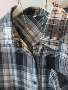 一件格子梭织面料前扣口袋长袖翻领衬衫，优雅休闲百搭，适合日常、上学、四季穿着，黑色春季款 - 黑色 - 查看 5