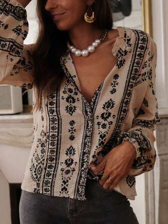 Vintage Positioning Floral Elegant Shirt, Extra Long Puff Sleeve Button Down Casual Shirt