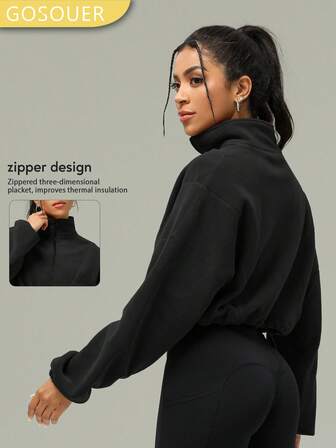 GOSOUER Vinterkläder Dam Utomhus Fleecejacka Stående Krage Halv Dragkedja Crop Top Coat Sport Casual Långärmade Tröjor