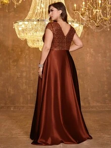 XUIBOL 亮片缎面拼接V领A字连衣裙，正式优雅大码女士晚礼服（重工装饰），适合舞会、婚礼宾客、毕业典礼、晚宴等场合。 - 鏽棕色 - 查看 3