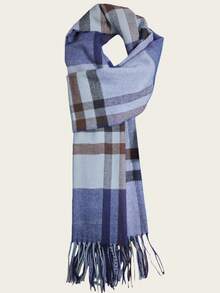 新款冬季格子双面流苏保暖围巾，男女通用，百搭，适合作为教师/学生生日礼物，长款保暖围脖，休闲优雅，日韩风格 - 藏青色 - 查看 3