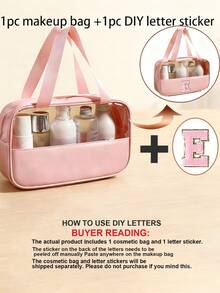 1个透明PVC字母化妆包,防水便携雪尼尔字母拉链化妆品收纳包,简约首字母贴纸旅行化妆包,女士浴室字母印花洗漱包(字母A~Z),送给妈妈的礼物,沙滩包,沙滩必备 - 粉色 - 查看 12