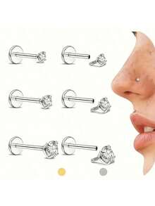 6 Flat Back Earring Studs - Female Thread 16G Piercing Cartilage Spiral Jewelry Tragus Hypoallergenic Lip Conch Nose 316L Stainless Steel Studs For Men And Women - 3-5  Lip Nails - View 9