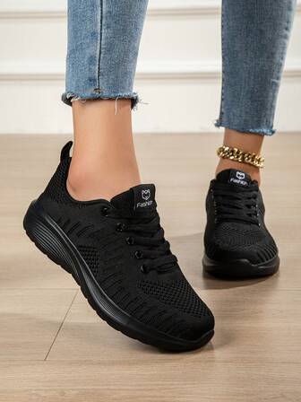 Women's Casual Sports Shoes, Mesh Breathable Running Shoes, Lightweight Travel Shoes, Student Running Shoes, Flat Casual Shoes, Comfortable Loose Fit Sports Shoes, Fashion Sneakers, Knitted Mesh Fabric, Solid Color Office Shoes