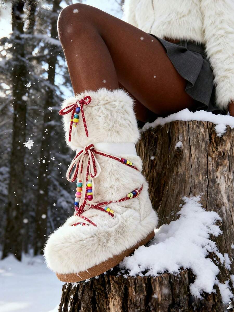 Faux Fur Snow Boots For Women Fuzzy Fluffy Furry Lace Up Mid Calf Boots Winter Warm Fur Boots For Christmas - 白色3 - 查看 1