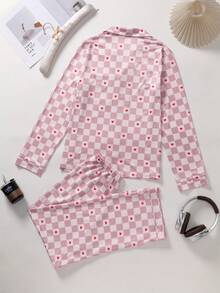 2 件套女士随机格子和心形印花时尚舒适翻领开衫长袖裤睡衣套装，春秋轻便 - 粉色 - 查看 8