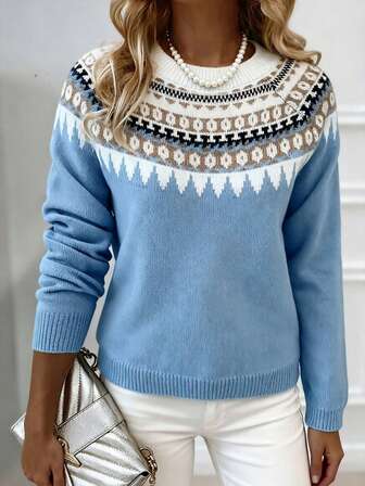 Apperloth A Ribbed Knit Sweaters Vintage Elegant Contrast Fair Isle Jacquard Pattern Crew Neck Long Sleeve Stretchy Loose Basic Pullover Business Casual Fashion Comfortable Tops Fall/Winter Clothes Halloween Costumes Christmas Outfit For Women