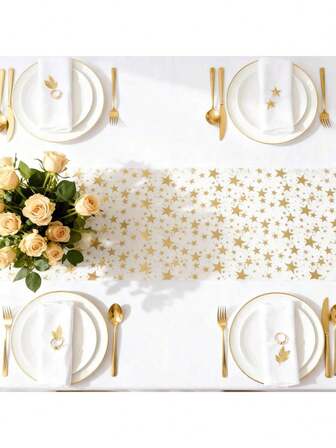 6pcs Gold Star & Polka Dot Tablecloth, Suitable For Home, Holidays, Birthday Parties, Ramadan, Valentine's Day, Engagement (11 Inches X 16.5 Feet)
