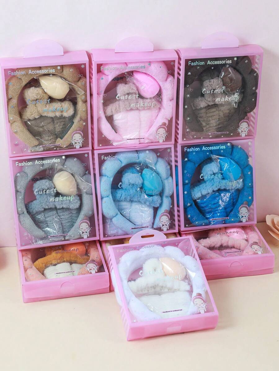 5件套女孩海绵SPA发带腕带，带毛绒爪夹礼盒，发饰套装，精美礼盒包装，适合派对礼物和日常使用 - 彩色 - 查看 1